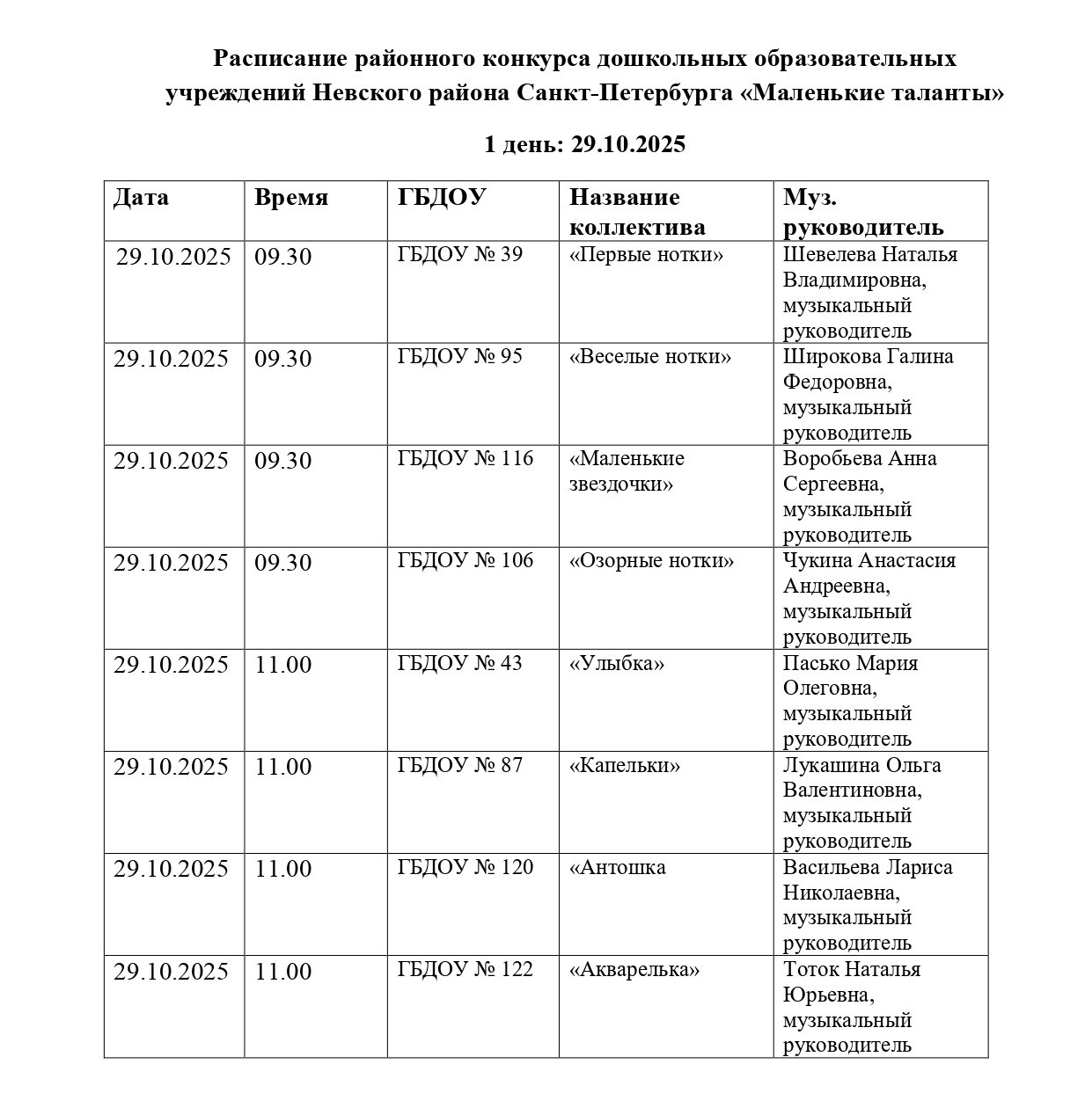 Расписание конкурса 29 окт
